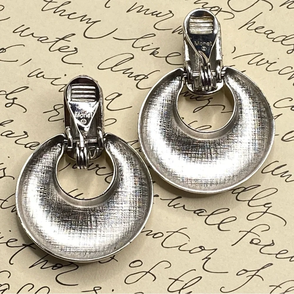 MONET Vintage Clip On Door Knocker Silver Tone Earrings - Picture 4 of 7